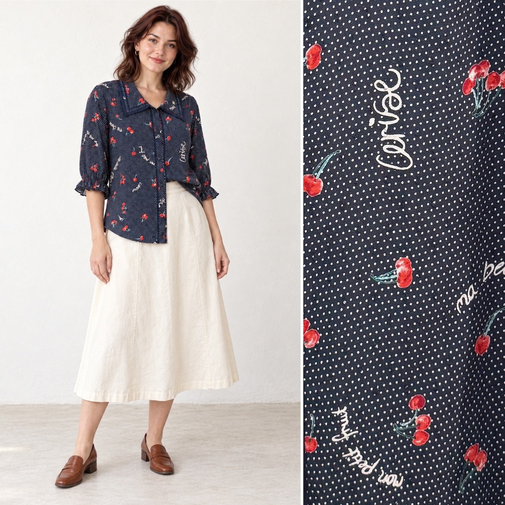 Democracy Button Down Blouse 3X Navy Blue Polka Dot Cherry Print Puff Sleeve $88